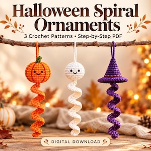 May include: Three crochet Halloween spiral ornaments hanging from a branch, including an orange pumpkin, a white ghost, and a purple witch hat. The text reads Halloween Spiral Ornaments 3 Crochet Patterns Step-by-Step PDF and Digital Download.