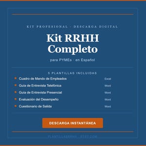 Op de afbeelding: Een digitale download professionele human resources kit voor kleine bedrijven in het Spaans. De blauwe afbeelding bevat witte tekst waaronder Kit RRHH Completo, vijf sjablonen voor Excel en Word, en een oranje knop met Descarga Instantánea.