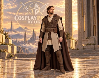 May include: A brown and beige layered tunic set featuring a hooded cloak, a wrap-style vest with textured panels, a wide belt with a small pouch, matching trousers, and arm guards. The text COSPLAYPRO BY UK is visible in the upper left corner.