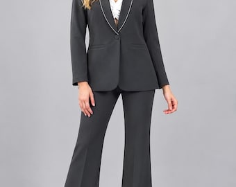 Women's Charcoal Gray Pantsuit, Tailored Blazer and Wide Leg Pants, Formal Business Suit