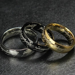 Elvish Inscription Stainless Steel Ring, Fantasy Dome Band, Ancient Script Jewelry