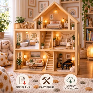 Pode incluir: Uma casa de bonecas de madeira de três andares com varanda e divisões interiores, incluindo quarto, casa de banho, berçário, sala de estar e sala de música. Inclui mobiliário em miniatura, iluminação e escadas. Texto: PDF PLANS, EASY BUILD, INSTANT DOWNLOAD.
