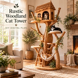 May include: A multi-level wooden cat tower featuring a house-shaped top perch, multiple platforms, a hanging hammock, and a ladder. The structure includes natural branch-like supports and is decorated with green vines. Text reads Rustic Woodland Cat Tower DIY DIGITAL PLAN.