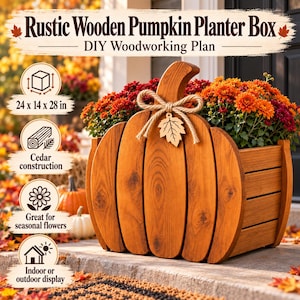 Plans pour un pot de fleurs rustique en bois en forme de citrouille, décoration d'automne à faire soi-même pour le porche, menuiserie en cèdre (PDF)