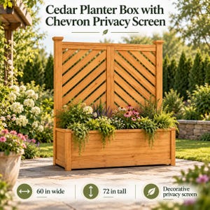 May include: A cedar planter box with a chevron privacy screen. The unit features a rectangular wooden base filled with various green plants and flowers. The screen has a diagonal slat design. Text reads: Cedar Planter Box with Chevron Privacy Screen, 60 in wide, 72 in tall, Decorative privacy screen.