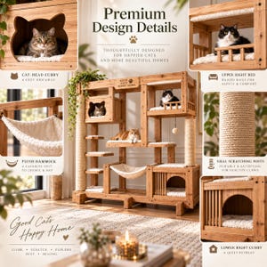 Könnte beinhalten: Ein großer Katzenbaum aus Holz mit mehreren Ebenen, einer katzenkopfförmigen Höhle, einer Plüschhängematte, Sisal-Kratzstämmen und verschiedenen Plattformen. Die Struktur enthält Textbeschriftungen wie Premium Design Details und Good Cats Happy Home.