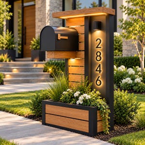 May include: A modern mailbox post featuring a black metal mailbox, a vertical wooden slat panel, and a built-in planter box. The structure includes illuminated house numbers 2846 and integrated warm LED lighting along the top and side frame.