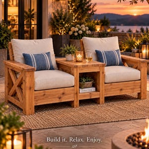 May include: Two wooden armchairs with light beige cushions and blue striped throw pillows, connected by a central side table. The furniture features a cross-brace design on the sides. The text "Build it. Relax. Enjoy." is visible at the bottom.
