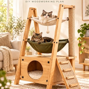 Könnte beinhalten: Ein hölzerner A-förmiger Katzen-Hängemattenturm mit zwei Ebenen aus Stoffhängematten, einer unteren geschlossenen Höhle mit kreisförmiger Öffnung, einem mit Sisal umwickelten Kratzstamm und einer kleinen Leiter. Text: A-Frame Cat Hammock Tower DIY WOODWORKING PLAN.