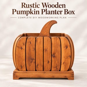 Peut inclure: Une jardinière en bois en forme de citrouille avec une finition brune et un grain de bois visible. Le texte au-dessus indique : Rustic Wooden Pumpkin Planter Box COMPLETE DIY WOODWORKING PLAN. La jardinière repose sur une base rectangulaire.