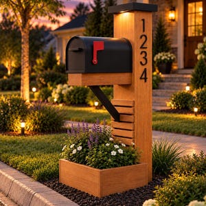 Puede incluir: Un buzón de metal negro con una bandera roja montado sobre un poste de madera vertical. El poste presenta los números negros verticales 1234, una jardinera integrada en la base llena de flores moradas y blancas y una pequeña lámpara.