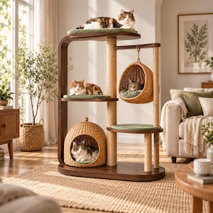 Könnte beinhalten: Ein mehrstöckiger Katzenbaum mit einem Rahmen aus dunklem Holz, mit Sisal umwickelten Kratzstämmen und mehreren Plattformen mit salbeigrünen Kissen. Die Struktur umfasst eine hängende Rattankorb-Höhle und ein kuppelförmiges Rattan-Versteck.