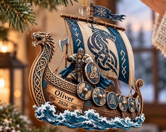 Personalized Viking Ship Christmas Ornament, Custom Name Norse Warrior Gift, Viking Longship Ornament, Nordic Christmas Decor 2026