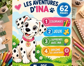 Cahier d'activités éducatif pour enfants à imprimer - thème chien - Coloriages - Jeux et solutions - Fiches d'apprentissage - Diplôme - PDF