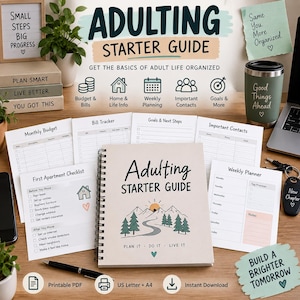 May include: An Adulting Starter Guide spiral-bound planner with a mountain and forest cover illustration. Includes various organizational sheets like a monthly budget, bill tracker, weekly planner, and first apartment checklist, plus a pen and tumbler.