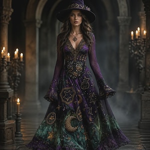 May include: A long-sleeved purple and green dress featuring a deep V-neckline, intricate embroidery of stars and moons, and a wide-brimmed hat. The garment is adorned with detailed celestial patterns and a dark, textured bodice.