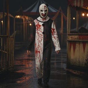 Può includere: Un costume da clown a corpo intero caratterizzato da un design diviso in bianco e nero con colletto a balze e due pon pon neri sul petto. Il tessuto è coperto da schizzi rosso sangue e la maschera abbinata presenta un volto dipinto con un sorriso.