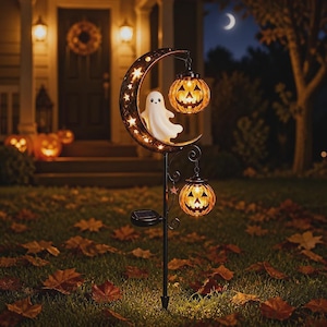Peut inclure: Une tige de jardin en métal noir avec un croissant de lune ajouré d'étoiles, une figurine de fantôme blanc et deux citrouilles d'Halloween orange lumineuses suspendues. Un petit panneau solaire est fixé sur le mât central vertical.