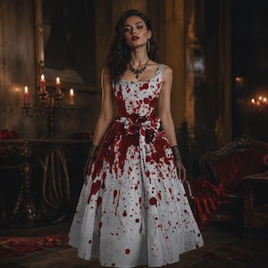 May include: A sleeveless white midi dress featuring a prominent red splatter pattern resembling blood, a scoop neckline, and a matching fabric tie at the waist. The dress has a full, flared skirt and is paired with black lace gloves and a dark necklace.