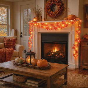 May include: A white fireplace mantel decorated with an orange maple leaf garland featuring integrated warm white lights. A large orange wreath hangs above the mantel, while a wooden tray on the coffee table holds three pumpkins and a black lantern.