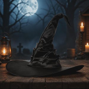 May include: A black witch hat with a wide, flat brim and a tall, pointed, slouchy crown. The hat is constructed from a smooth, dark fabric that features visible folds and creases along the conical section, creating a textured appearance.