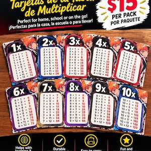 May include: A set of ten rectangular multiplication table cards featuring an anime-style character with spiky orange hair. Each card displays a specific multiplication table from 1x to 10x with white text on a colored background.