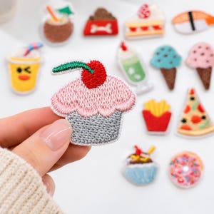 Mini Food Iron On Patches, Cute Kawaii Snack Embroidered Applique, Tiny Donut Pizza Burger Fries Ice Cream Patches for Hats Bags DIY