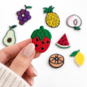 May include: A collection of embroidered fruit patches including a strawberry, grape cluster, pineapple, peach, avocado, watermelon slice, orange slice, and lemon. Each patch features vibrant thread colors and detailed stitching representing the fruit.