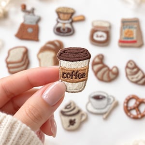 Coffee Iron On Patch, Bakery Embroidered Patch, Croissant Bread Pretzel Coffee Cup Patch, Cafe Barista Applique for Jacket Bag DIY