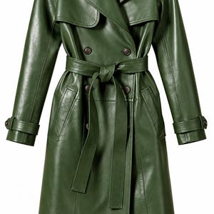May include: A dark olive green double-breasted trench coat featuring a wide notched collar, shoulder epaulets, and a matching tie belt at the waist. The coat has long sleeves with buckled cuffs, two side pockets, and dark brown buttons.