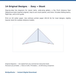 May include: A digital document titled Paper Airplanes Printable Folding Instructions featuring 14 original designs ranging from easy to stunt. It includes step-by-step diagrams for classic darts, gliders, and stunt planes on US Letter paper.
