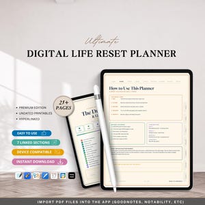 Könnte beinhalten: Ein digitaler Lebensplaner auf einem Tablet und Smartphone mit einem Eingabestift. Der Bildschirm zeigt eine Anleitung mit dem Titel How to Use This Planner mit Text, Kontrollkästchen und Navigationsreitern. Enthält Angaben zu 25+ Seiten und Links.