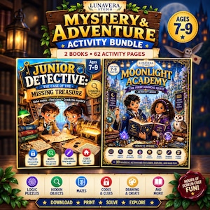Puede incluir: Un paquete de actividades Mystery & Adventure con dos libros de 62 páginas para niños de 7 a 9 años. El set incluye Junior Detective: The Case of the Missing Treasure y Moonlight Academy: The First Magical Quest con acertijos, laberintos y códigos.