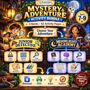 Printable Mystery Adventure Activity Bundle for Kids Ages 7-9, 62 Detective Puzzle Games, Code Breaker Mazes, Instant Download PDF