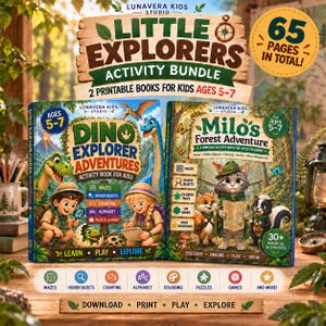 Può includere: Un pacchetto di attività Little Explorers con due libri stampabili per bambini dai 5 ai 7 anni. Il set include Dino Explorer Adventures e Milo's Forest Adventure, per un totale di 65 pagine con labirinti, oggetti nascosti e giochi.