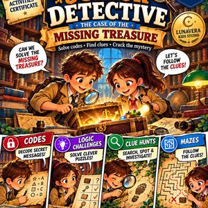 Op de afbeelding: Junior Detective The Case of the Missing Treasure activiteitenboek voor 7-9 jarigen. De kaft toont twee kinderen met vergrootglazen en zaklampen die in een gloeiende schatkist kijken, omringd door boekenplanken en activiteitensymbolen.