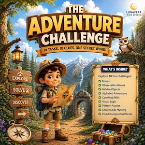 Könnte beinhalten: Das Spielcover von The Adventure Challenge zeigt einen Cartoon-Entdecker mit einer Karte in einem Wald mit Bergen, einem Steintor, einem Holzschild, einer Eule und einer Schatztruhe. Der Text umfasst: The Adventure Challenge, 10 Tasks. 10 Clues. One Secret Word!, What's Inside? sowie eine Liste mit 10 Herausforderungen.