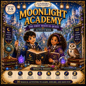 Pode incluir: Um livro de atividades Moonlight Academy para crianças de 7 a 9 anos intitulado The First Magical Quest. A capa mostra duas crianças com mantos azuis, livros mágicos, uma coruja e cristais. Ícones mostram labirintos e quebra-cabeças.