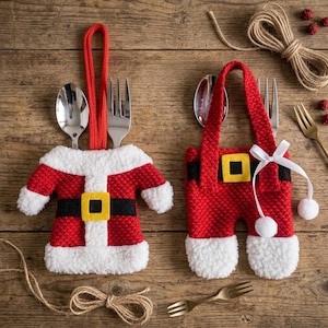 May include: Two red and white knitted cutlery holders shaped like Santa Claus clothing. One holder resembles a jacket with a black belt and yellow buckle, while the other resembles trousers with a black belt, yellow buckle, and a white ribbon bow.