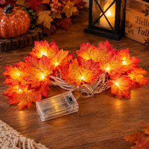 May include: A string of LED fairy lights featuring artificial maple leaves in shades of orange, red, and yellow. The leaves are attached to a clear wire connected to a transparent plastic battery pack with an on-off switch, emitting a warm glow.