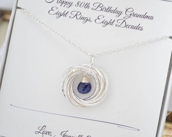 80th Birthday gift for mom, September birthstone necklace, 8 Rings 8 decades necklace, 80th Birthday jewelry for women, Milestone gifts