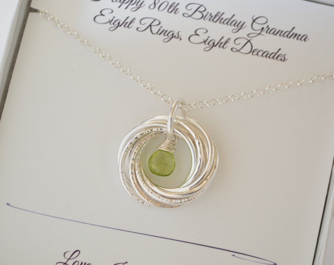 80th Birthday gift for women, Peridot necklace, 8th Anniversary gift, 8 Rings for 8 decades necklace, 80th Birthday jewelry, Milestone gifts