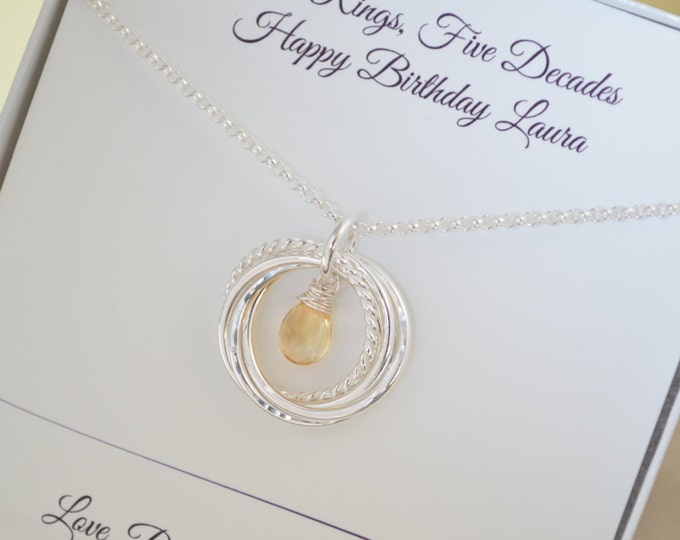 50th Birthday gift for women, November birthstone necklace, 5th Anniversary gift, 50th Birthday gift for mom, Citrine necklace, 5 Rings neck