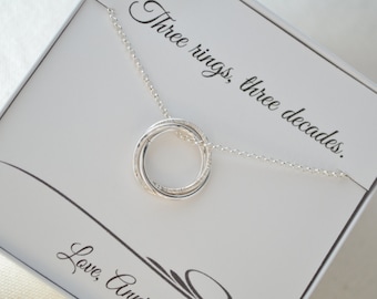 30th Birthday necklace gift for her, 3 Rings for 3 decades silver necklace, Personalized 30th gift for daughter best friend