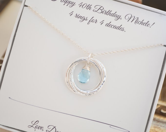 40th Birthday gift for women, 4 Rings necklace, Blue Topaz Necklace, December birthstone jewelry, 4 Sister necklace, 4th Anniversary gift