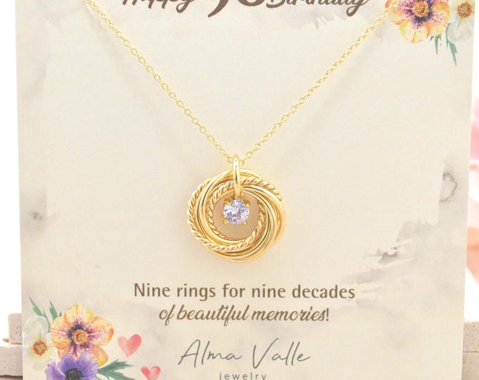 90th Birthday Necklace for Women, 9 Rings 9 Decades Gold Necklace with Birthstone, Meaningful Birthday Gift for Mom, Grandma, Sister