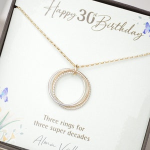 Bijoux 30e anniversaire pour fille, collier 3 décennies, collier 30e anniversaire, cadeaux 30e anniversaire pour elle, collier 3 anneaux pour 3 décennies