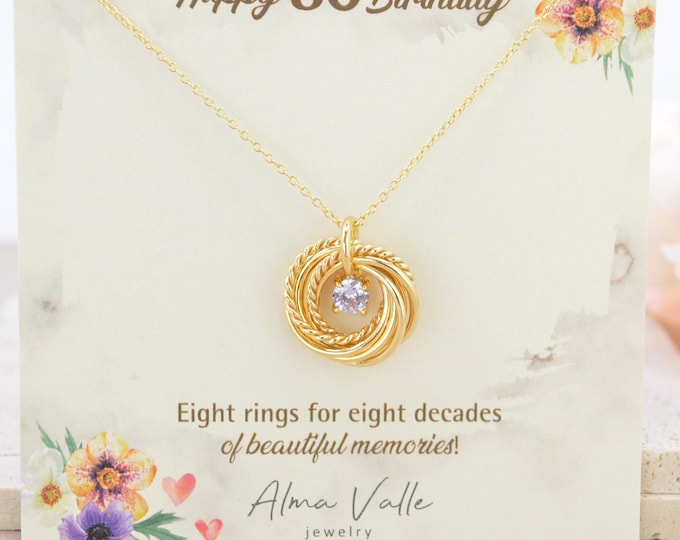 8 Rings for 8 Decades Gold Necklace with Birthstone, 80th Birthday Gift for Mom, Grandma, Sister, 18K Gold Circle Necklace for Women
