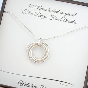 50th Birthday necklace for mom, 5th Anniversary gift for wife, 5 Decades birthday, 5 Rings necklace, 50th Jewelry for women, Milestone Gifts