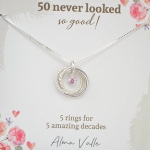 50th Birthday Necklace, 5 Rings Necklace, Milestone Birthday Gift, Birthstone Necklace, 50th Birthday Gifts for Women, Sterling Silver